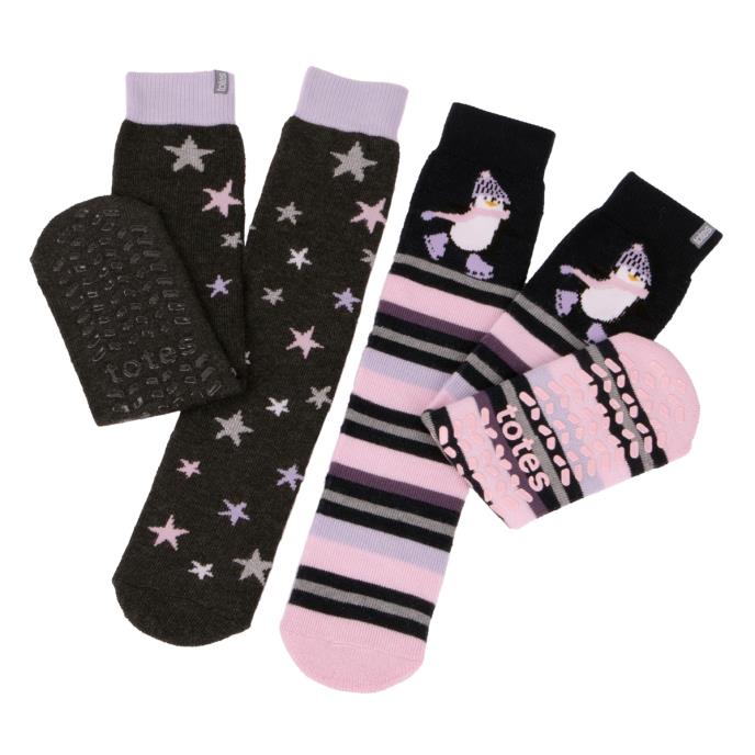 totes toasties Ladies Original Slipper Socks (Twin Pack) Penguin / Star Extra Image 3